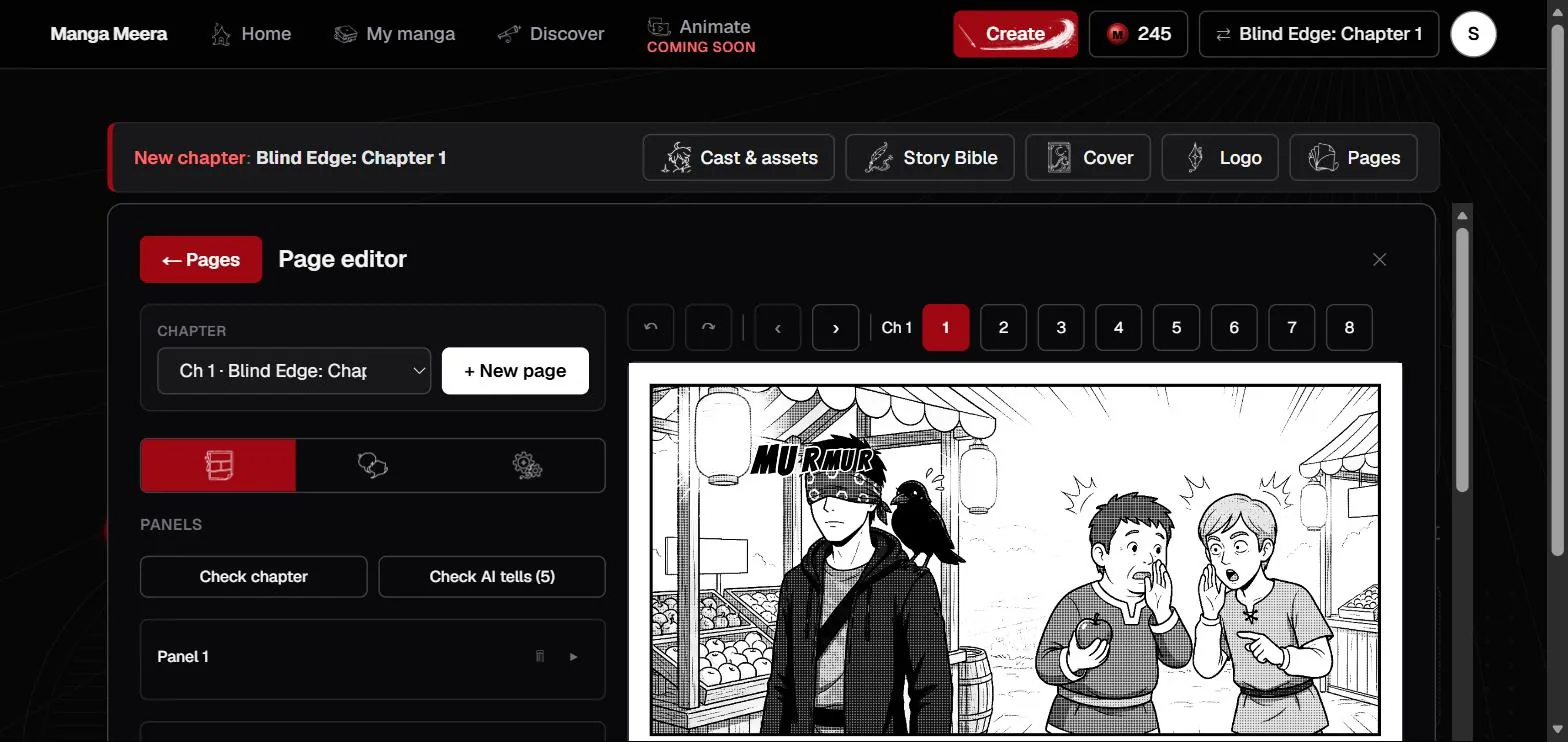 The Manga Meera page editor showing page 1 of Blind Edge chapter 1, with the chapter selector and panel list on the left, the finished lettered manga page on the right, and pages 1 to 8 selectable across the top