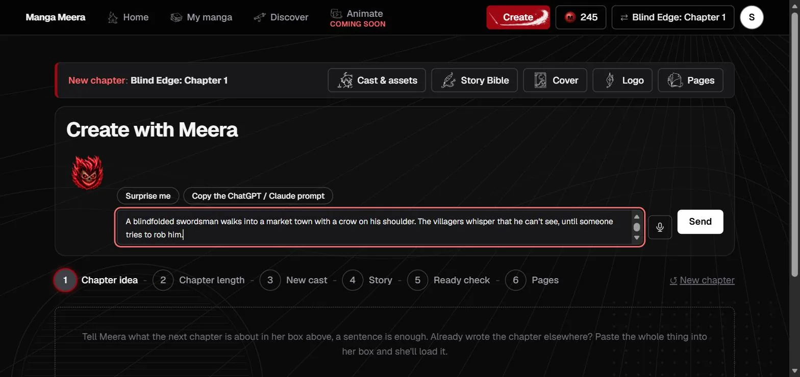 The Manga Meera editor on the Create with Meera screen for Blind Edge chapter 1, with a story idea typed into the idea box and the six chapter steps underneath: chapter idea, chapter length, new cast, story, ready check and pages